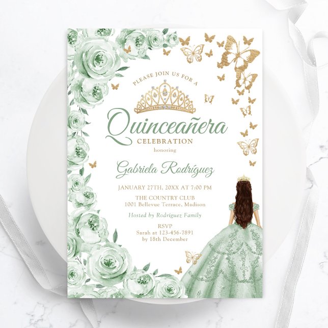 Convites Sage Green Floral Quinceanera (Criador carregado)
