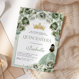 Convites Sage Green Floral Quinceanera Mis Quince Anos