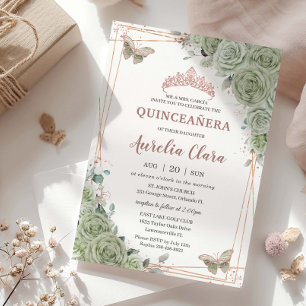 Convites Sage Green Floral Rosa Dourada Quinceañera Anivers