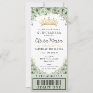 Convites Sage Green Floral Rosa Dourado Quinceañera Ticket 