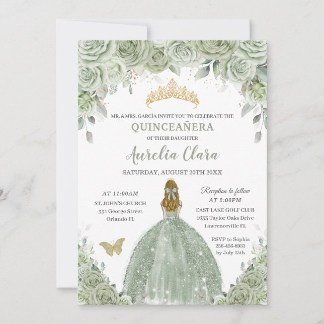 Convites Sage Green Floral Rosas Loura Menina Quinceañera (Frente)