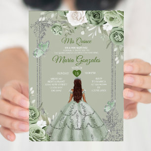 Convites Sage Green Floral Silver Crown Mis Quince 15 Anos