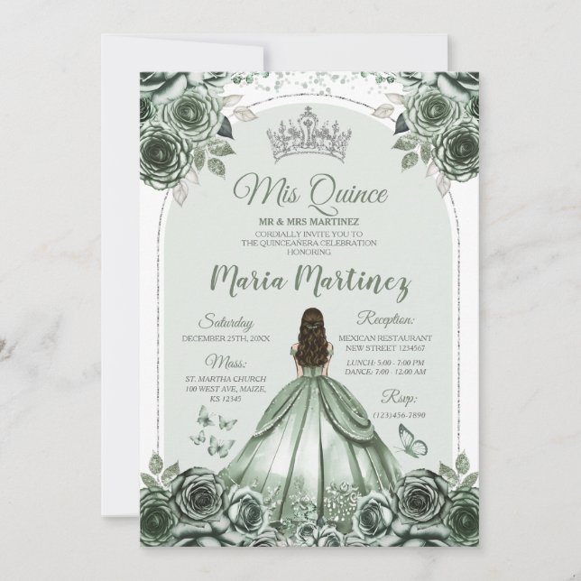 Convites Sage Green Floral Silver Crown Princesa Mis Quince (Frente)