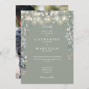 Convites Sage Green Floral String Luz Foto Casamento