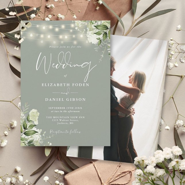 Convites Sage Green Floral String Luz Foto Casamento (Sage Green Floral String Lights Photo Wedding Invitation)