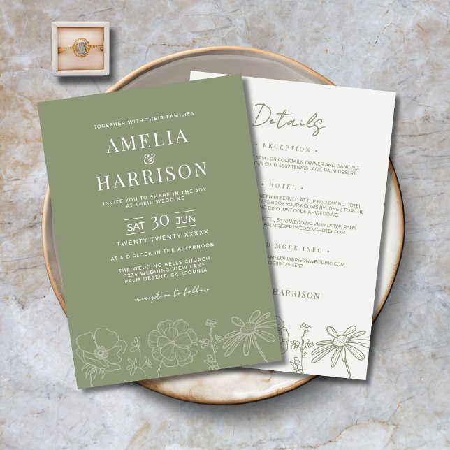Convites Sage Green Floral Tudo Em Um Casamento Elegante (Sage Green Floral All-In-One Elegant Wedding Invitation with Line Art Flowers, Details on the Back.)