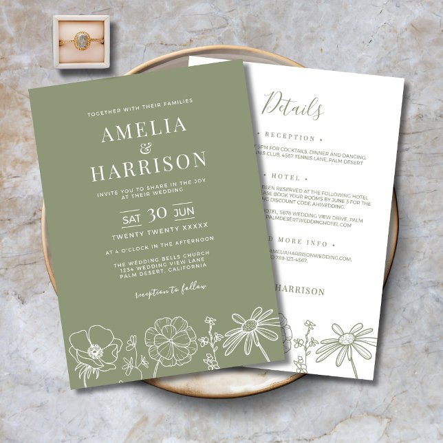 Convites Sage Green Floral Tudo Em Um Casamento Elegante (Sage Green Floral All In One Elegant Wedding Invitation with Details, RSVP, Reception, Hotel on back)