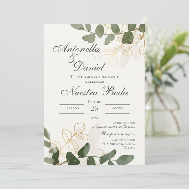 Convites Sage Green Floral Wedation em Espanhol (Em pé/Frente)