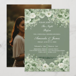 Convites Sage Green Floral Wreath Photo Rehearsal Dinner 
