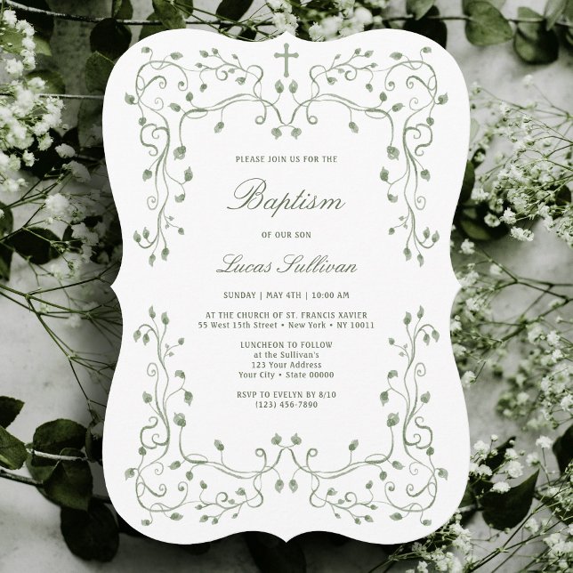 Convites Sage Green Foliage Frame Baptism Invitation (Criador carregado)
