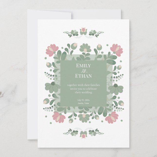 Convites Sage Green Folk Wildflower Wedding (Frente)