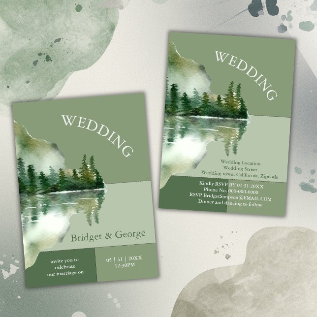 Convites Sage Green Forest Lake Landscape Wedding (Criador carregado)