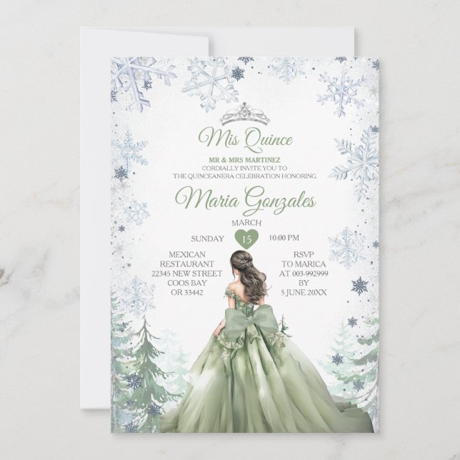 Convites Sage Green Forest Winter Princess Mis Quince (Frente)