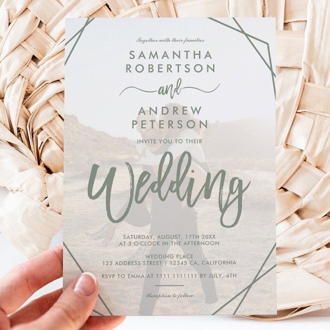 Convites Sage green frame simples foto script casamento (Criador carregado)