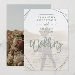 Convites Sage green frame simples foto script casamento