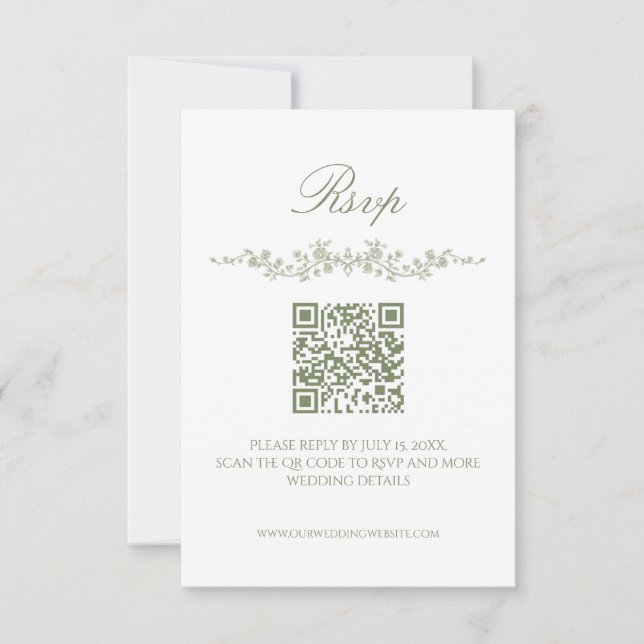 Convites Sage Green French Floral RSVP Card with QR Code (Frente)
