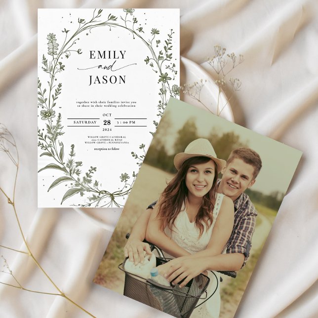 Convites Sage Green French Roses Botanical Photo Wedding (Criador carregado)