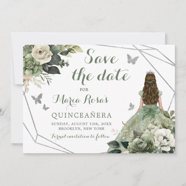 Convites Sage Green Geométrico Princesa Quinceañera Floral (Frente)