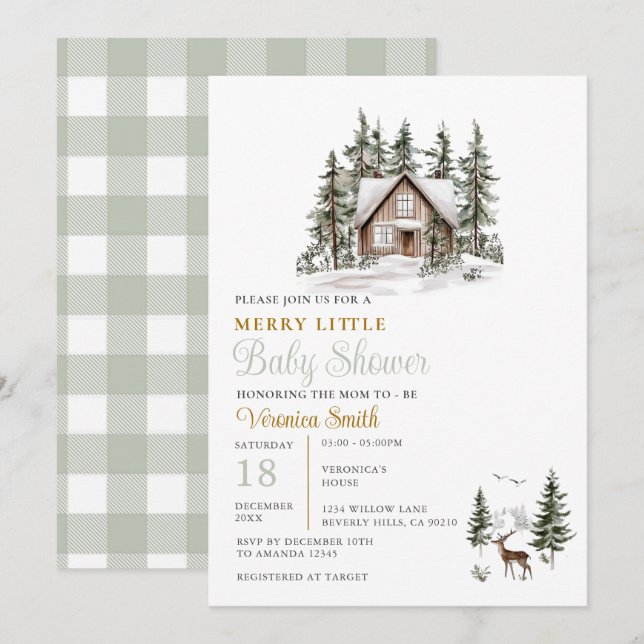 Convites Sage Green Gingham A Merry Little Baby Shower  (Frente/Verso)