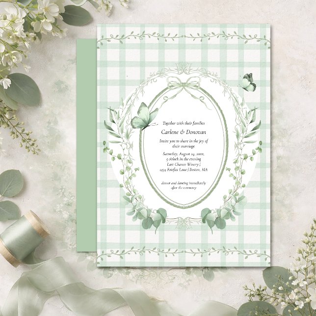 Convites Sage Green Gingham Botanical Wedding | (Criador carregado)