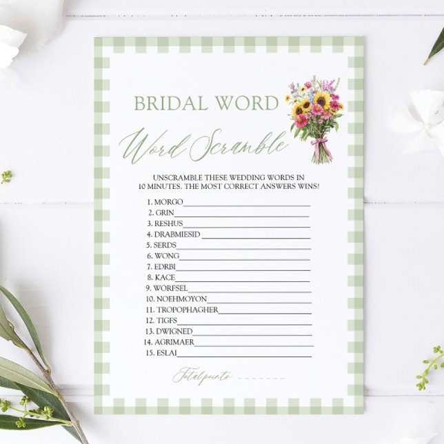 Convites Sage Green Gingham Bridal Word Scramble Game (Sage Green Gingham Bridal Word Scramble Game)