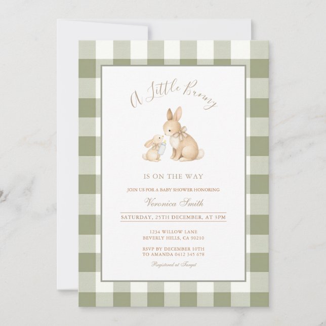 Convites Sage Green Gingham Bunny Baby Shower Invitation (Frente)