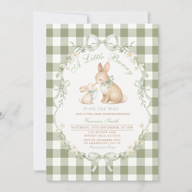 Convites Sage Green Gingham Bunny Neutral Baby Shower  (Frente)