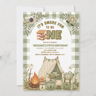 Convites Sage Green Gingham Camp Party 1st Birthday