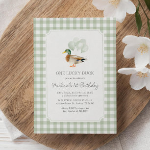 Convites Sage Green Gingham Duck primeiro aniversario
