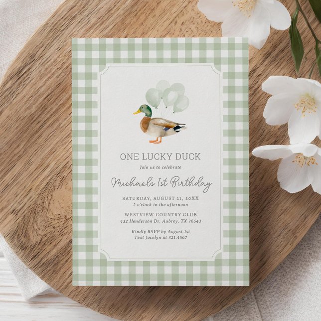 Convites Sage Green Gingham Duck primeiro aniversario (Criador carregado)