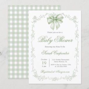 Convites Sage Green Gingham e Chá de fraldas Arco