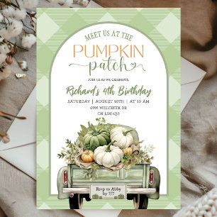 Convites Sage Green Gingham Fall Pumpkin Patch Aniversário