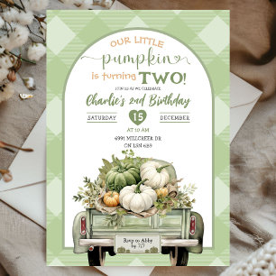 Convites Sage Green Gingham Fall Pumpkin Theme Birthday