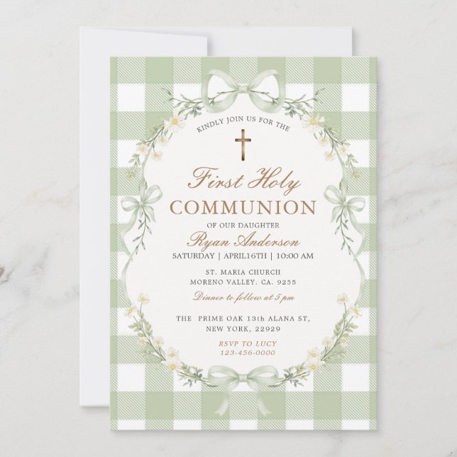 Convites Sage Green Gingham First Holy Communion Invitation (Frente)