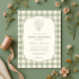 Convites Sage Green Gingham Floral Bow Baby Shower