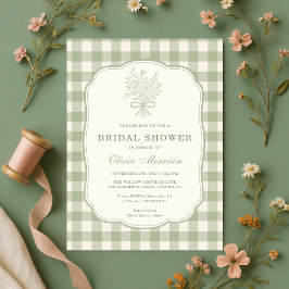 Convites Sage Green Gingham Floral Bow Bridal Shower