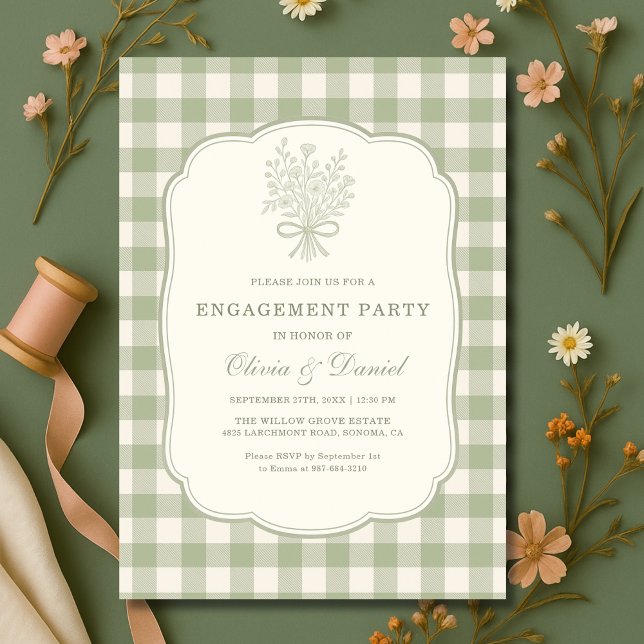 Convites Sage Green Gingham Floral Engagement Party (Criador carregado)