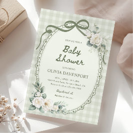 Convites Sage Green Gingham Floral Garden Baby Shower