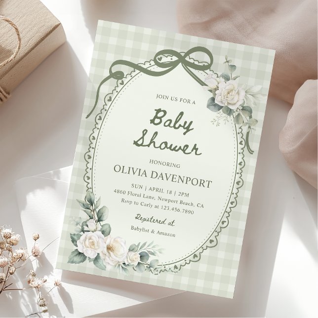 Convites Sage Green Gingham Floral Garden Baby Shower (Criador carregado)