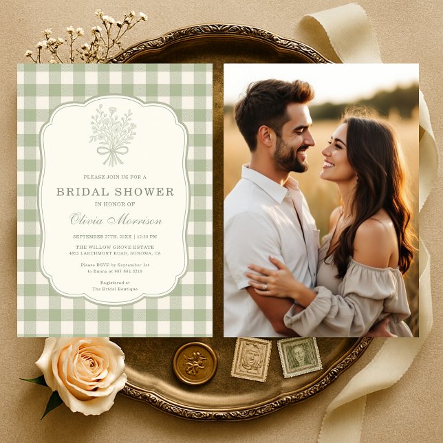 Convites Sage Green Gingham Floral Photo Bridal Shower (Criador carregado)