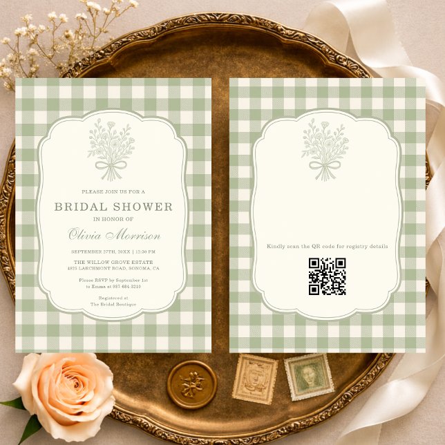 Convites Sage Green Gingham Floral QR Code Bridal Shower (Criador carregado)
