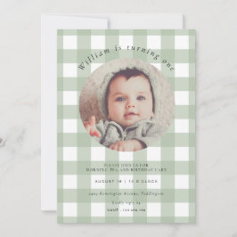 Convites Sage Green Gingham Foto Aniversário