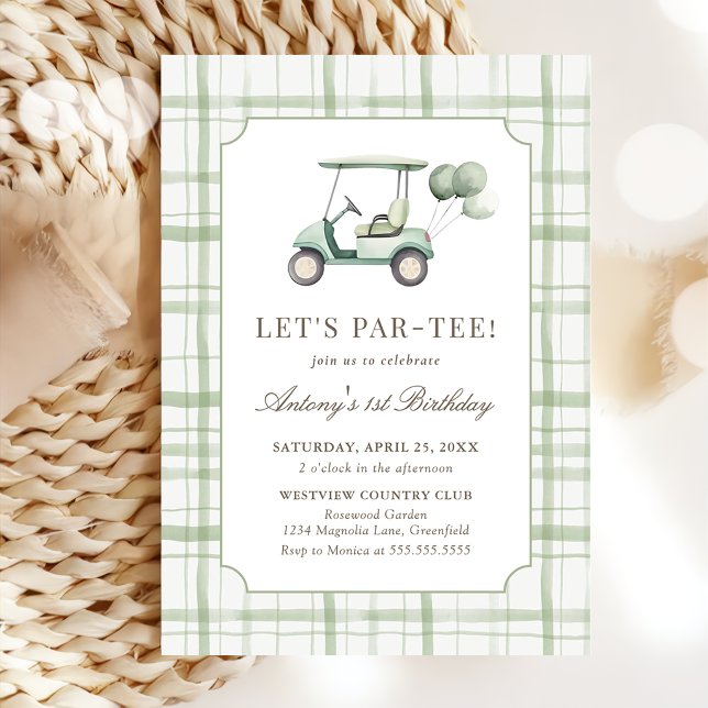 Convites Sage Green Gingham Golf Birthday Invitation (Criador carregado)
