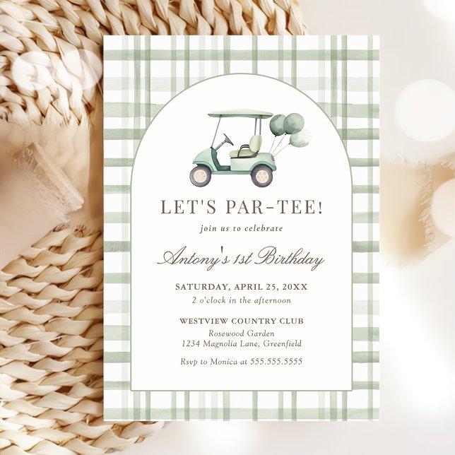 Convites Sage Green Gingham Golf Birthday Invitation (Criador carregado)
