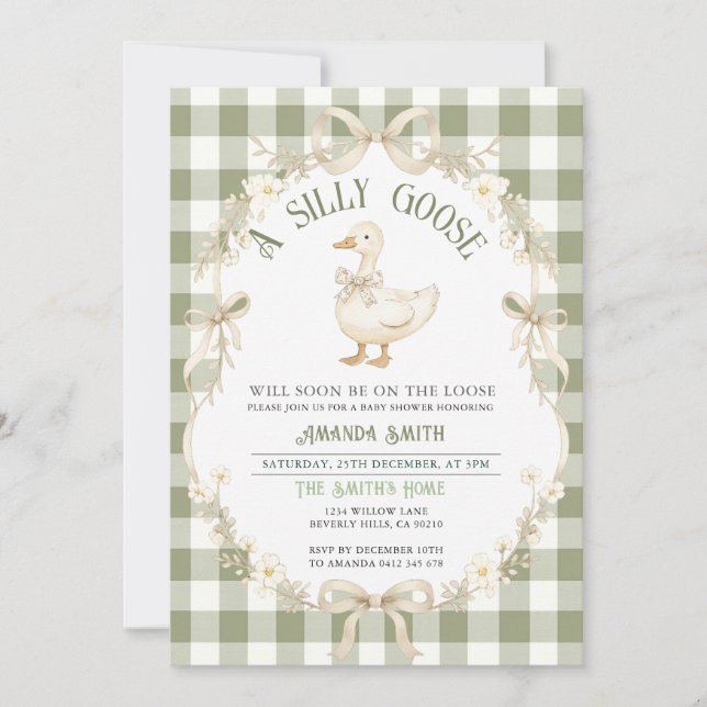Convites Sage Green Gingham Goose Baby Shower Invitation (Frente)