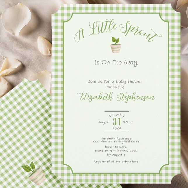 Convites Sage Green Gingham Little Sprout Baby Shower (Criador carregado)