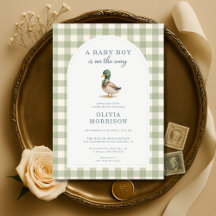 Sage Green Gingham Mallard Duck Bow Baby Shower