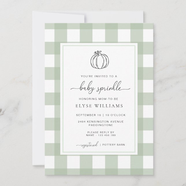 Convites Sage Green Gingham Pumpkin Baby Sprinkle (Frente)