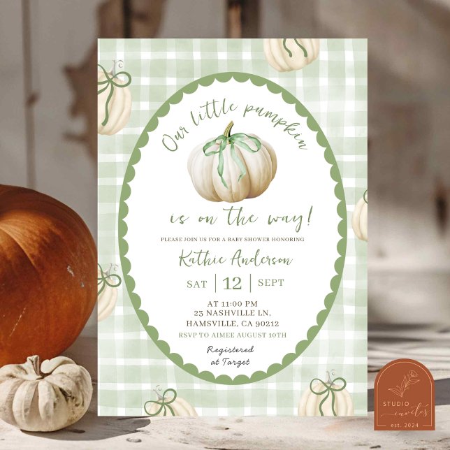 Convites Sage Green Gingham Pumpkin Chá de fraldas (Criador carregado)