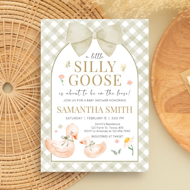 Convites Sage Green Gingham Silly Goose Baby Shower (Silly Goose Baby Shower Invitation)